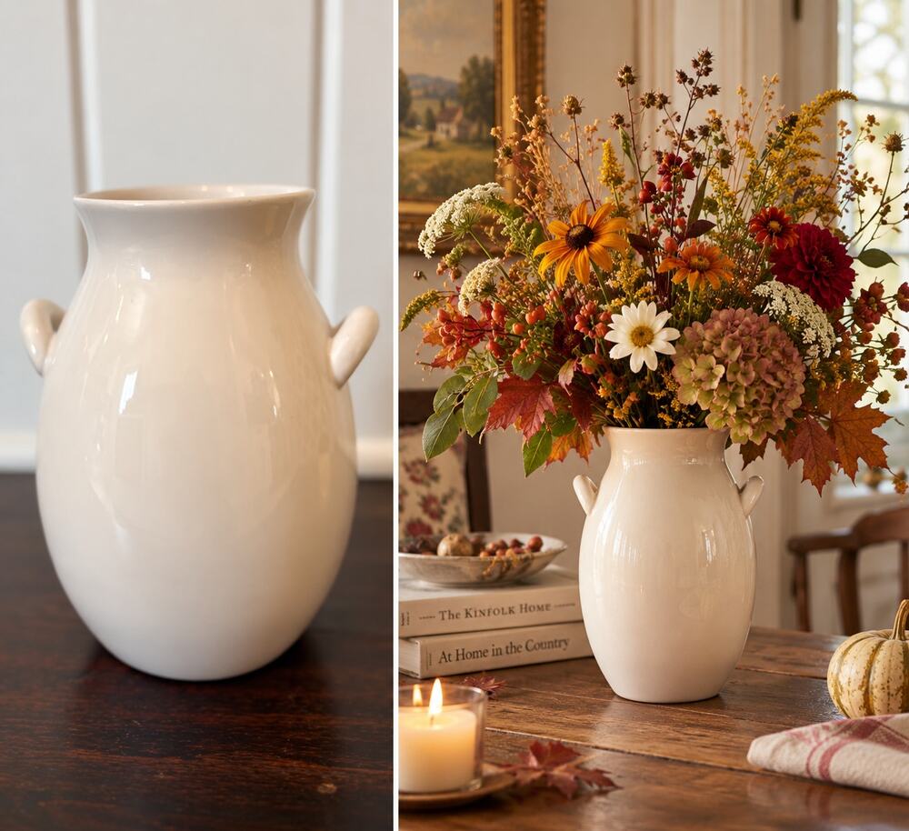 Vintage White Ceramic Vase Double Handle Urn Farmhouse English Country 7.25β
